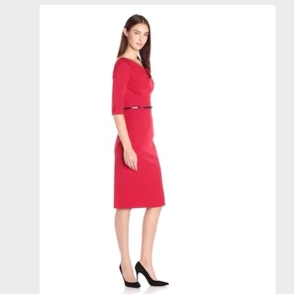 Black Halo Red Pink Belted Jackie O 3/4 Sleeve Dress Crepe Textured Size 4