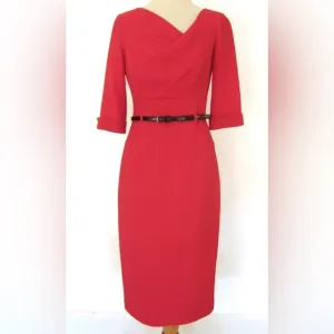 Black Halo Red Pink Belted Jackie O 3/4 Sleeve Dress Crepe Textured Size 4