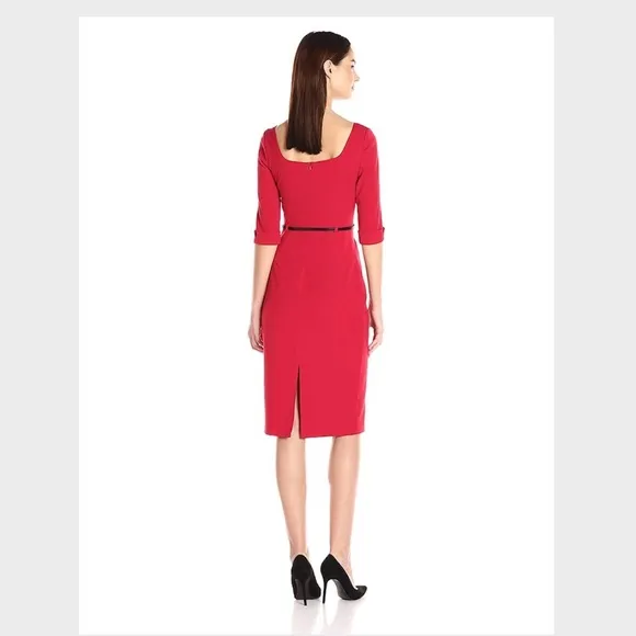 Black Halo Red Pink Belted Jackie O 3/4 Sleeve Dress Crepe Textured Size 4