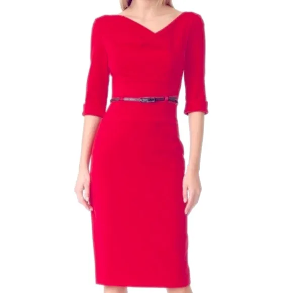 Black Halo Red Pink Belted Jackie O 3/4 Sleeve Dress Crepe Textured Size 4