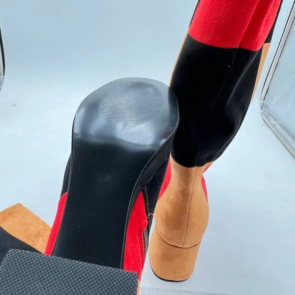 Black/Red Elegant Round Toe Chunky Heel Over The Knee Boots Stitching Shoes