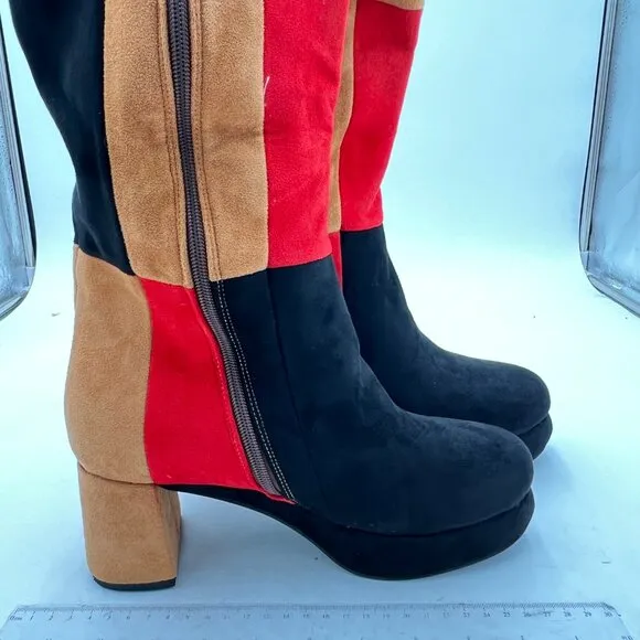 Black/Red Elegant Round Toe Chunky Heel Over The Knee Boots Stitching Shoes