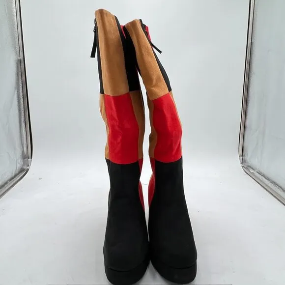 Black/Red Elegant Round Toe Chunky Heel Over The Knee Boots Stitching Shoes
