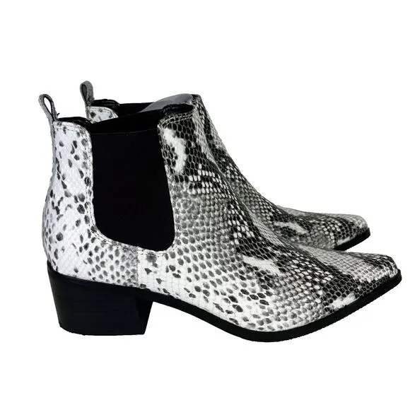 BLONDO Emelia Chelsea Bootie White Black Snake Print Waterproof Leather Boots 8