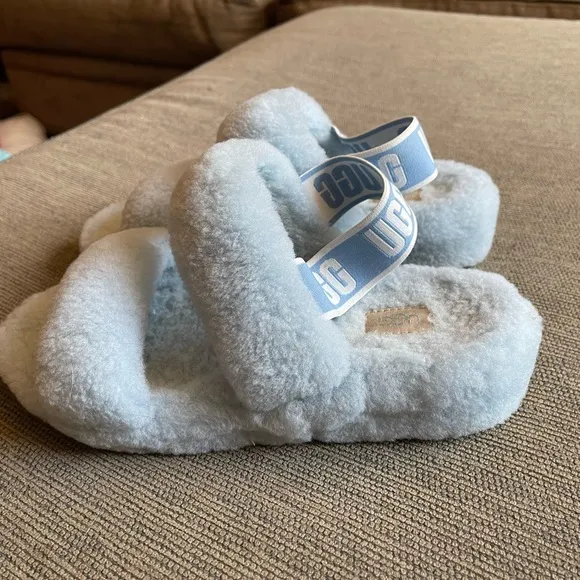 BLUE UGG FLUFF SLIDES SLIP ON SLIPPERS SHOES  7 EUC