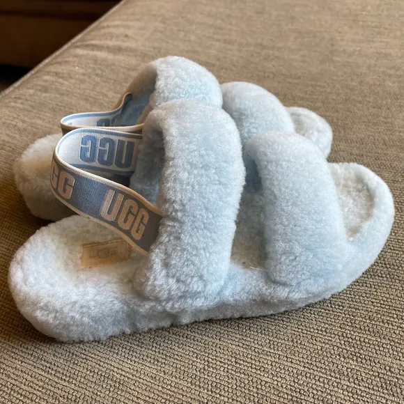 BLUE UGG FLUFF SLIDES SLIP ON SLIPPERS SHOES  7 EUC