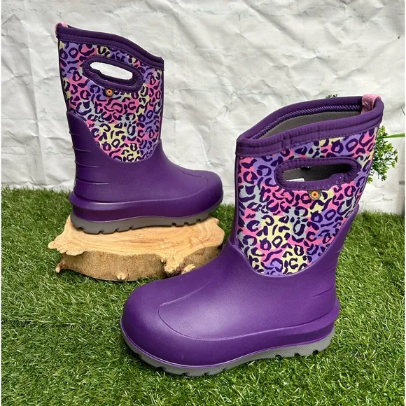 Bogs Boots Girls Sz 2 Kids Purple Leopard Neo-Classic InsulatedWaterproof