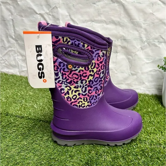 Bogs Boots Girls Sz 2 Kids Purple Leopard Neo-Classic InsulatedWaterproof