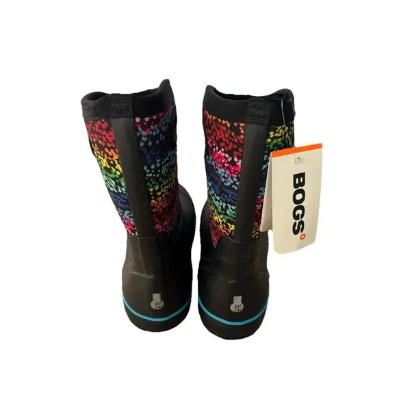 Bogs Kids Classic II Design A Boot Rubber Rainbow Dots Black Youth Size 5 NEW