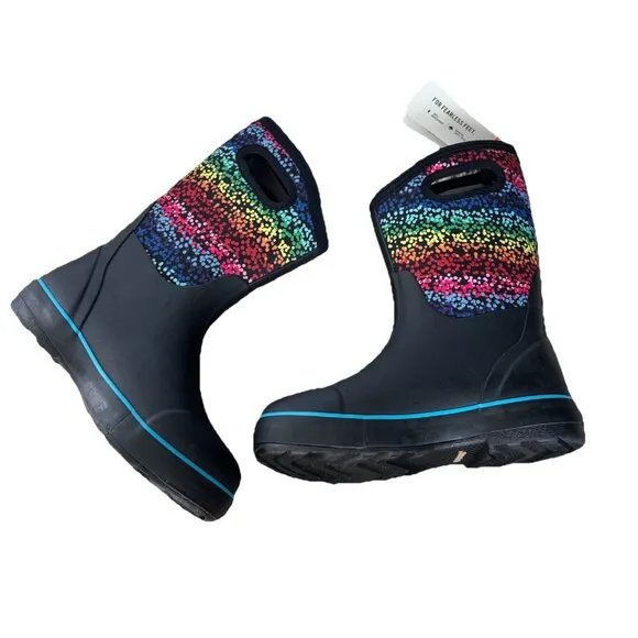 Bogs Kids Classic II Design A Boot Rubber Rainbow Dots Black Youth Size 5 NEW