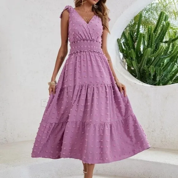 Boho Purple Swiss Dot Tie Shoulder V Neck Shirred Waist Dress