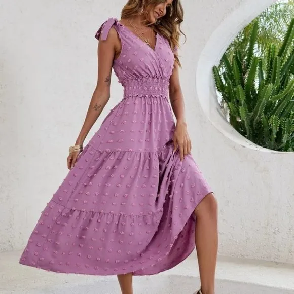 Boho Purple Swiss Dot Tie Shoulder V Neck Shirred Waist Dress