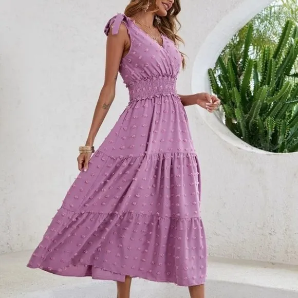 Boho Purple Swiss Dot Tie Shoulder V Neck Shirred Waist Dress