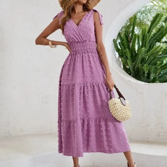 Boho Purple Swiss Dot Tie Shoulder V Neck Shirred Waist Dress
