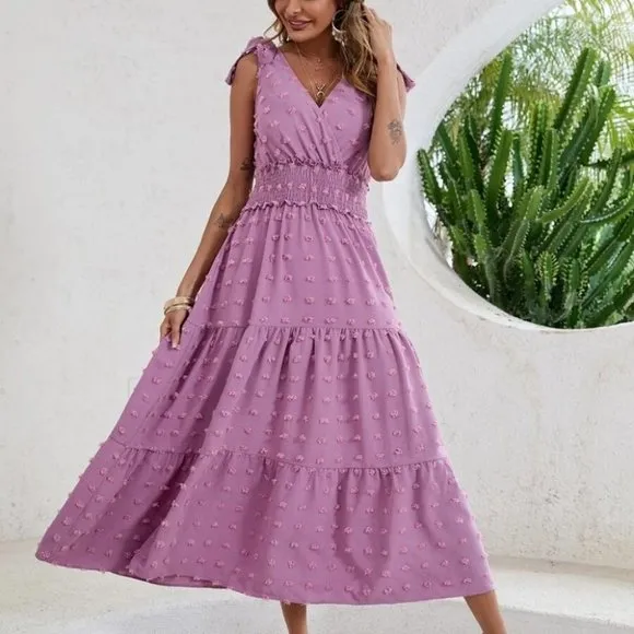 Boho Purple Swiss Dot Tie Shoulder V Neck Shirred Waist Dress
