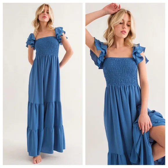 Boho Solid Flared Sleeve Long Tiered Dress