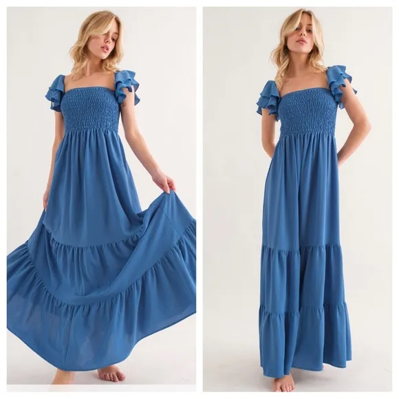Boho Solid Flared Sleeve Long Tiered Dress