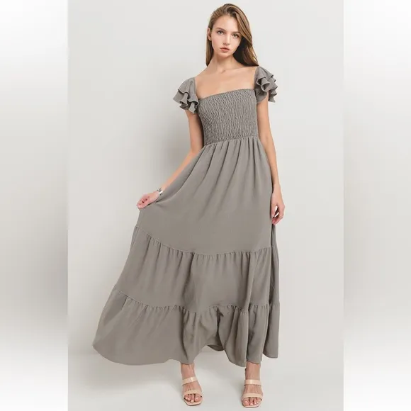Boho Solid Flared Sleeve Long Tiered Dress