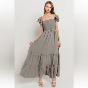 Boho Solid Flared Sleeve Long Tiered Dress