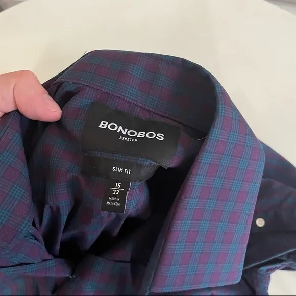 Bonobos Jetsetter Men’s Stretch Dress Shirt Burgundy Check Neck 15” Slim Fit