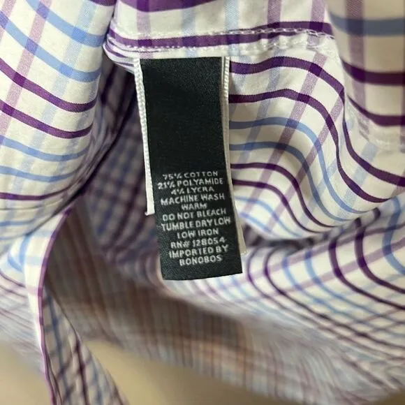 BONOBOS Men’s Slim Fit Jetsetter Stretch Dress Shirt 16 | 35 Plaid Purple White
