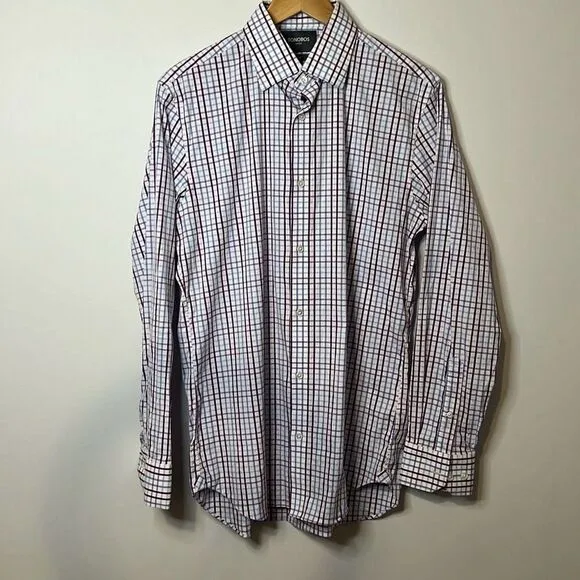 BONOBOS Men’s Slim Fit Jetsetter Stretch Dress Shirt 16 | 35 Plaid Purple White