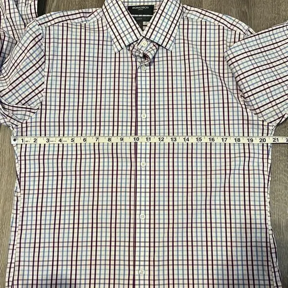 BONOBOS Men’s Slim Fit Jetsetter Stretch Dress Shirt 16 | 35 Plaid Purple White