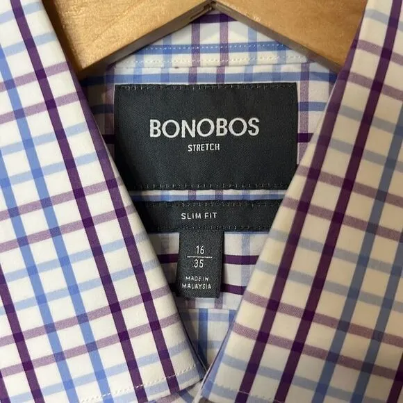 BONOBOS Men’s Slim Fit Jetsetter Stretch Dress Shirt 16 | 35 Plaid Purple White