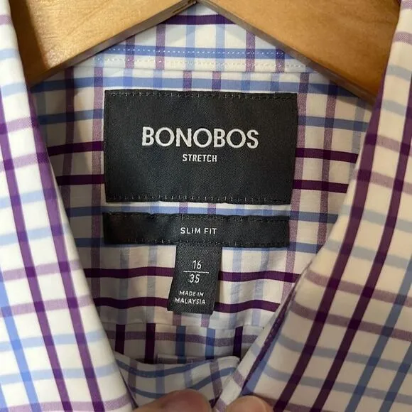 BONOBOS Men’s Slim Fit Professional Dress Shirt 16 | 35 Plaid Purple Blue White