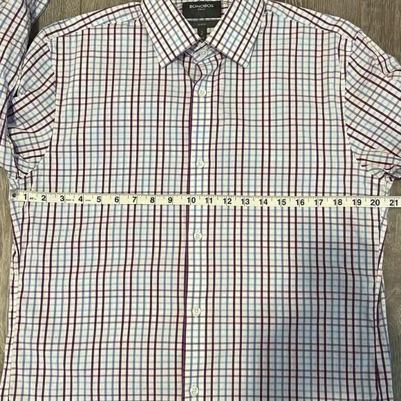 BONOBOS Men’s Slim Fit Professional Dress Shirt 16 | 35 Plaid Purple Blue White