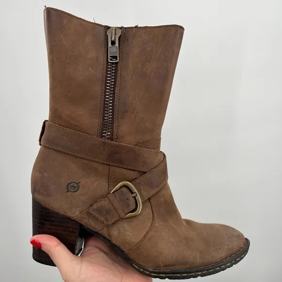 Born Brown Mid Calf Heeled Boots Ladies Size 9/40.5