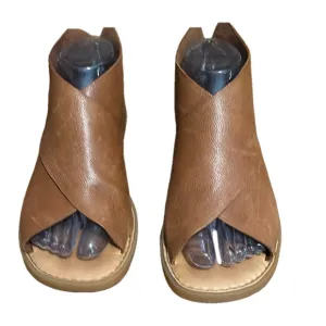 Born Iwa Leather Cross Over Back Zip Peep Toe Sandal Shoes Cuoio Brown