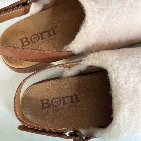 Born Kat Womens Size 7 Natural Shearling Leather Sling Back Mules Clogs Slippers