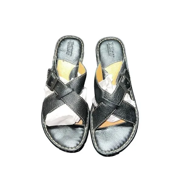 Born wedge sandal cris cross pebbles black leather size 8
