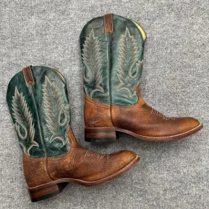 Boulet 8278 Mens 10 Boots Green Brown Leather Mid Calf Embroidered Western Boots