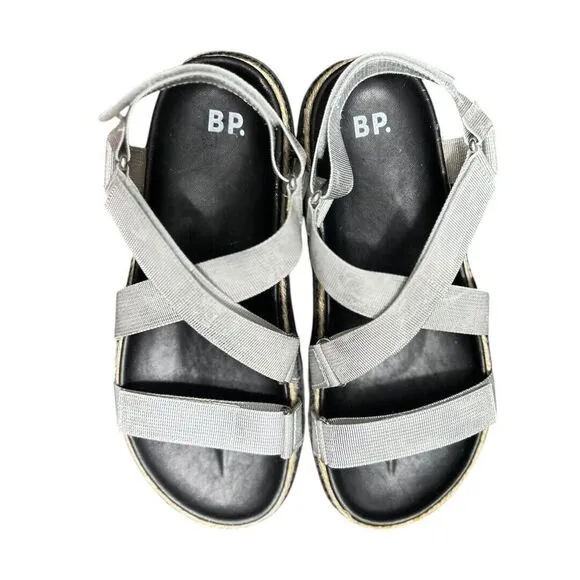 BP Gage Fab 8.5 Platform Fabric Sandals Silver Strappy Cushioned Summer Chic