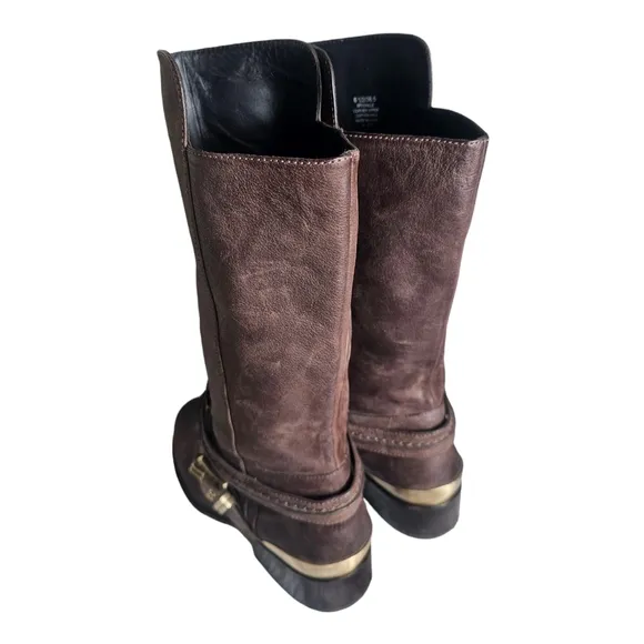 Brian Atwood Genuine Leather Mid Calf Boots Y2K Size 6.5 Brown Buckle Strap