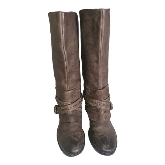 Brian Atwood Genuine Leather Mid Calf Boots Y2K Size 6.5 Brown Buckle Strap