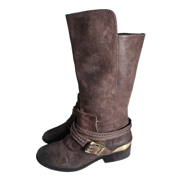 Brian Atwood Genuine Leather Mid Calf Boots Y2K Size 6.5 Brown Buckle Strap