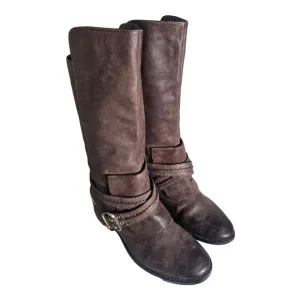 Brian Atwood Genuine Leather Mid Calf Boots Y2K Size 6.5 Brown Buckle Strap