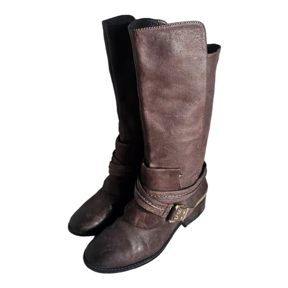 Brian Atwood Genuine Leather Mid Calf Boots Y2K Size 6.5 Brown Buckle Strap