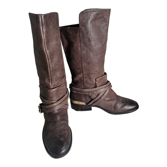 Brian Atwood Genuine Leather Mid Calf Boots Y2K Size 6.5 Brown Buckle Strap