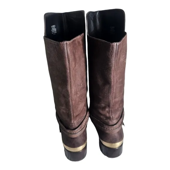 Brian Atwood Genuine Leather Mid Calf Boots Y2K Size 6.5 Brown Buckle Strap