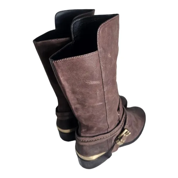 Brian Atwood Genuine Leather Mid Calf Boots Y2K Size 6.5 Brown Buckle Strap