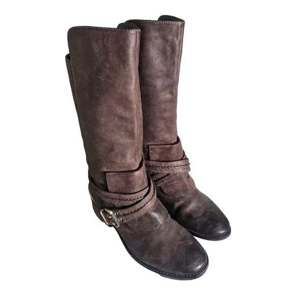 Brian Atwood Genuine Leather Mid Calf Boots Y2K Size 6.5 Brown Buckle Strap