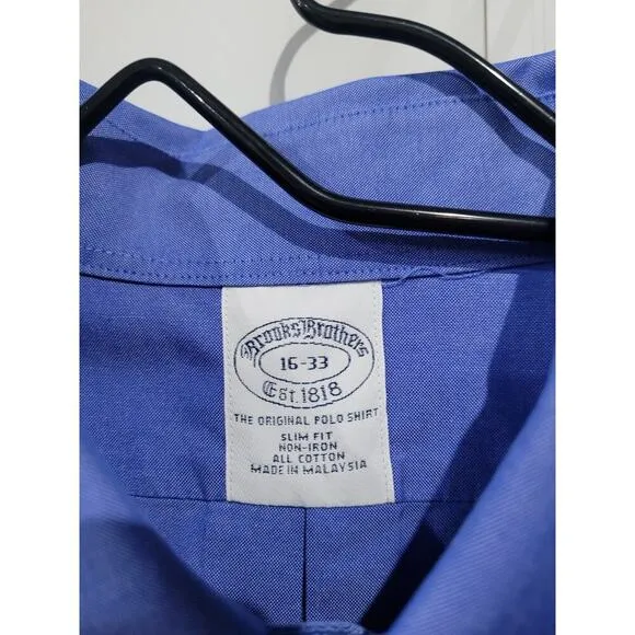 Brooks Brothers 16/33 Button Down Dress Shirt Blue Slim Fit Non Iron Cotton