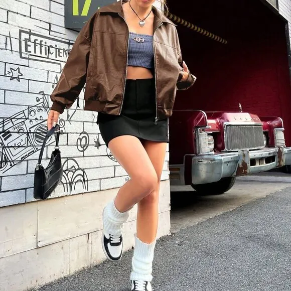 Brown Casual Women's Drop Shoulder Zipper Patent Black Jacket