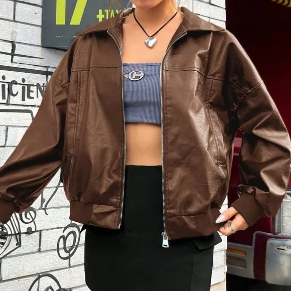 Brown Casual Women's Drop Shoulder Zipper Patent Black Jacket
