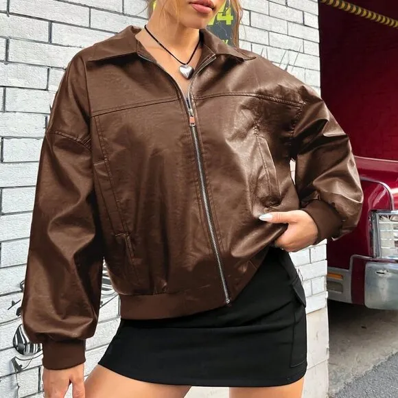Brown Casual Women's Drop Shoulder Zipper Patent Black Jacket