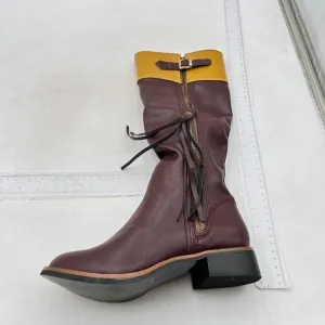 Brown Closed Decorative Buckle Tassel Knee High Boots Low Chunky Heel Long Boot
